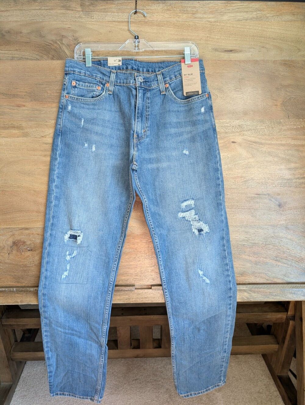 Levi's 511 Jeans Mens 33x34 Blue Denim Distressed Flat Front Slim Straight Leg